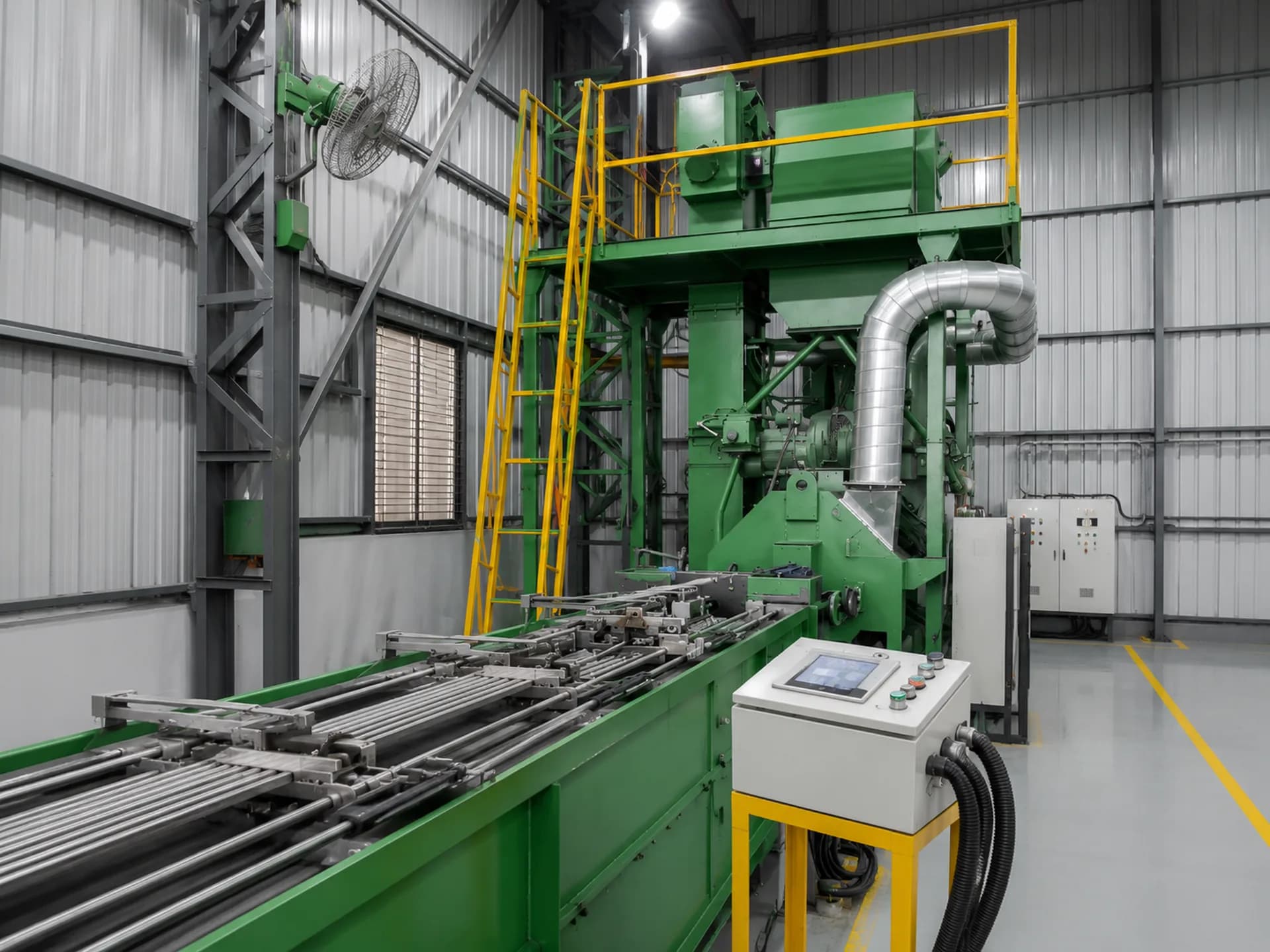 Shot blasting unit in operation, before and after