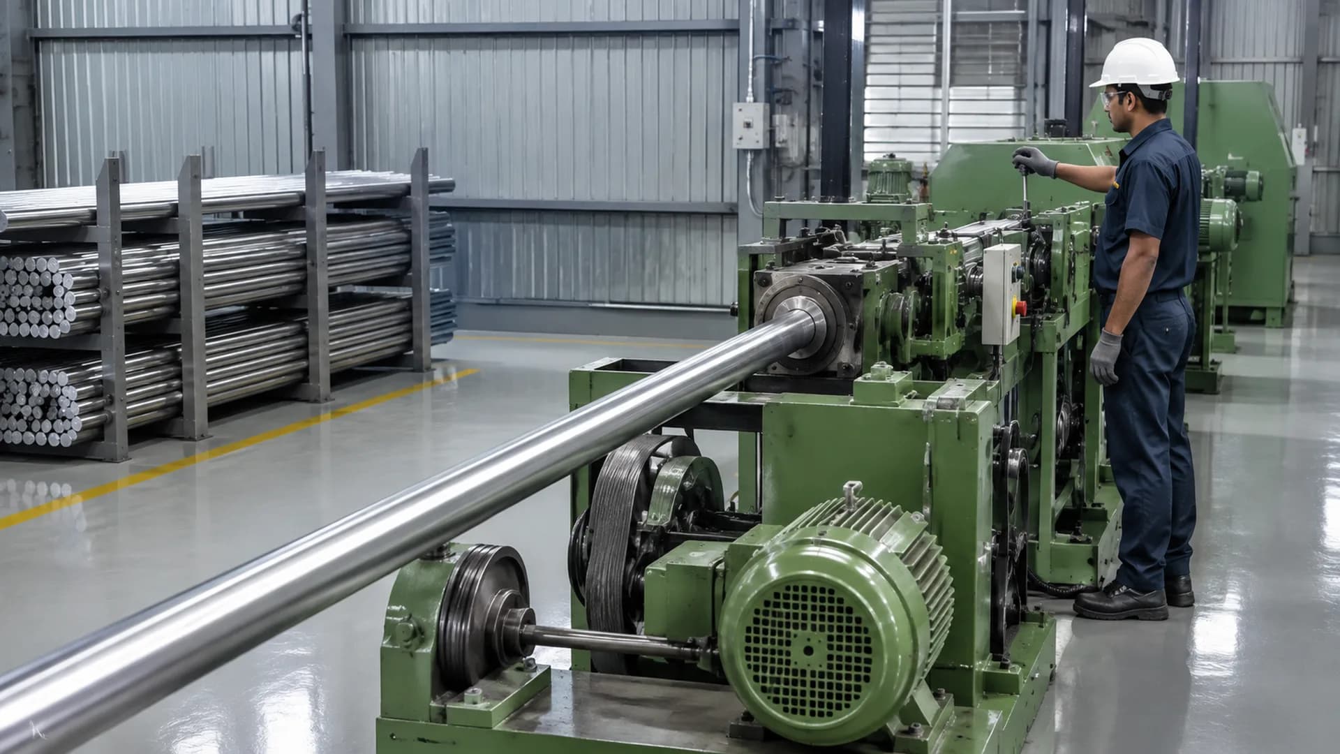 Drawing machine mid-pull, and die close-up