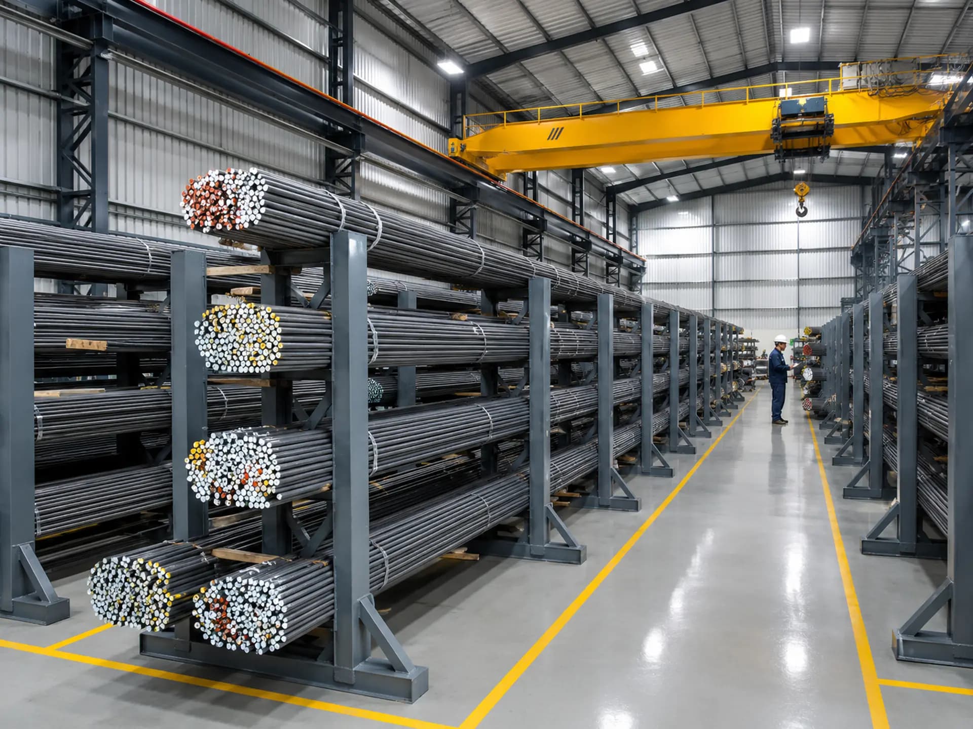 Warehouse wide view — bundles racked by grade and size